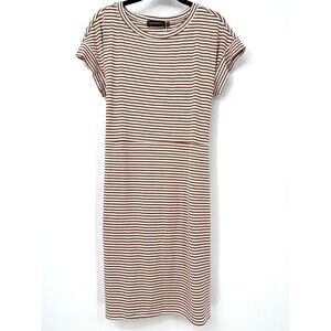 MEROKEETY Striped Sheath T-Shirt Dress M • Brown White • Tie Waist • Summer • NW